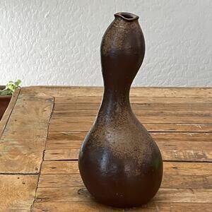 Japanese Bizen Ware Pottery Vase 10.75" Tall Brown Double Gourd Shape Marked